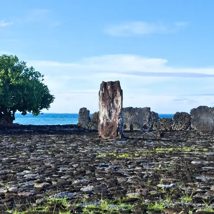 Les dalles de pierre sacrées du Marae Taputapuatea, site classé à l'UNESCO en Polynésie.